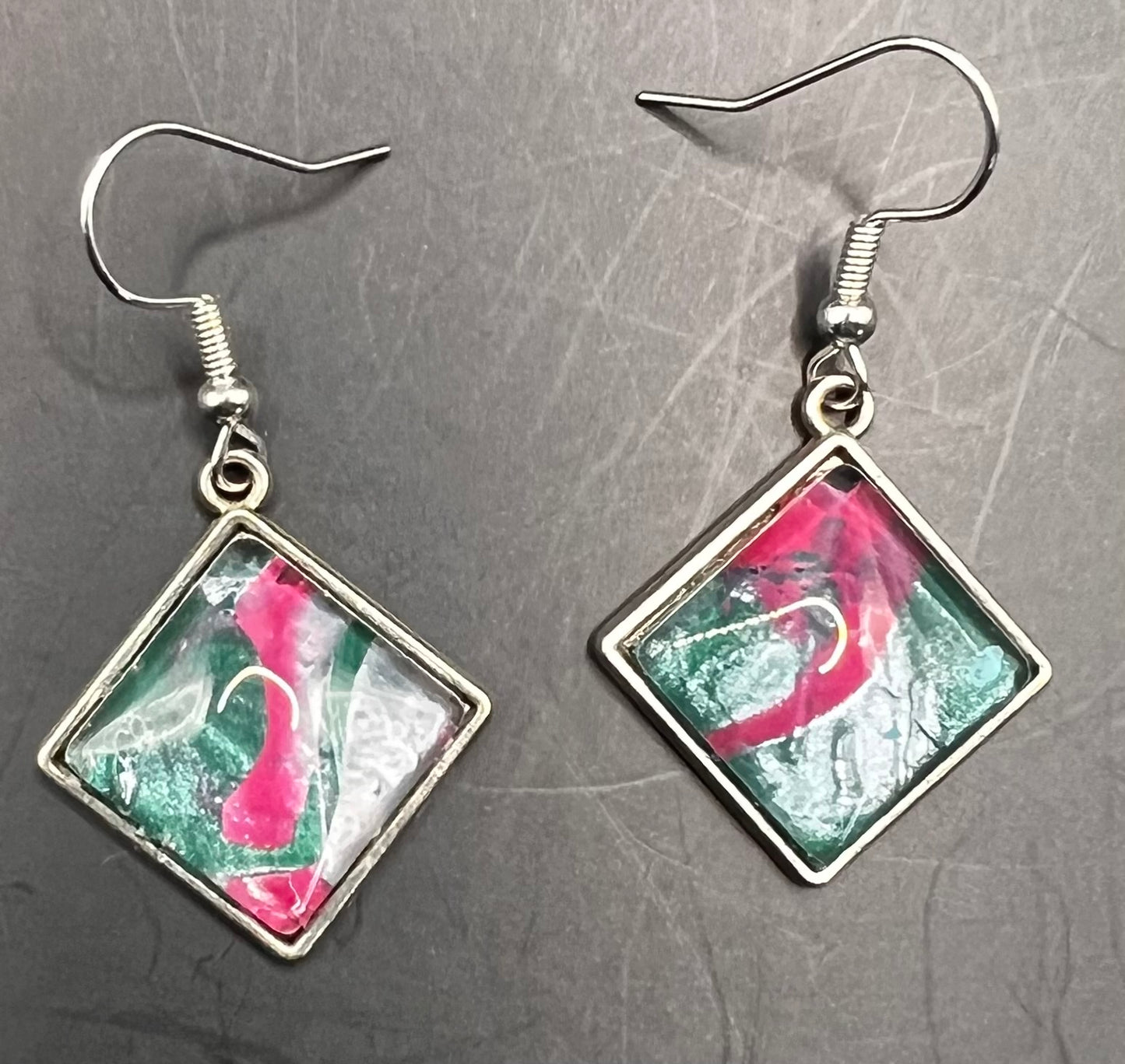 Green, pink & silver square cabochon earrings