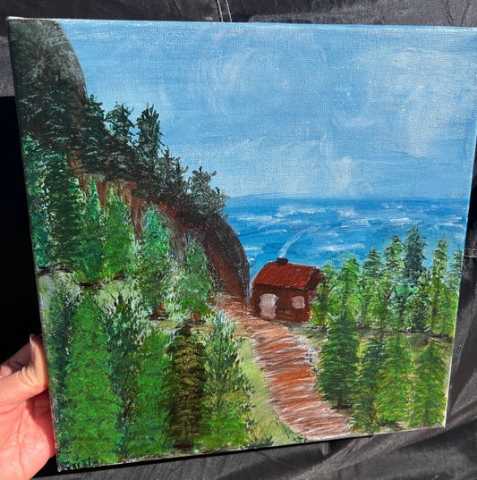 Secluded Mountain Cabin overlooking water Acrylic Painting