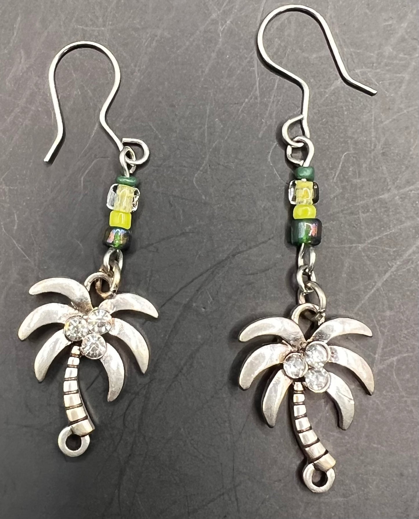 Silver Dangle Earrings with Green & Yellow Beads & Palm Trees