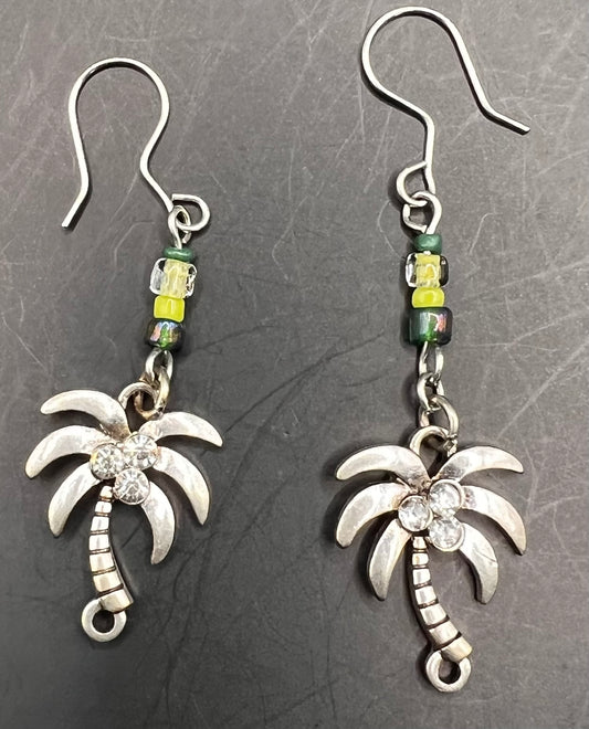 Silver Dangle Earrings with Green & Yellow Beads & Palm Trees