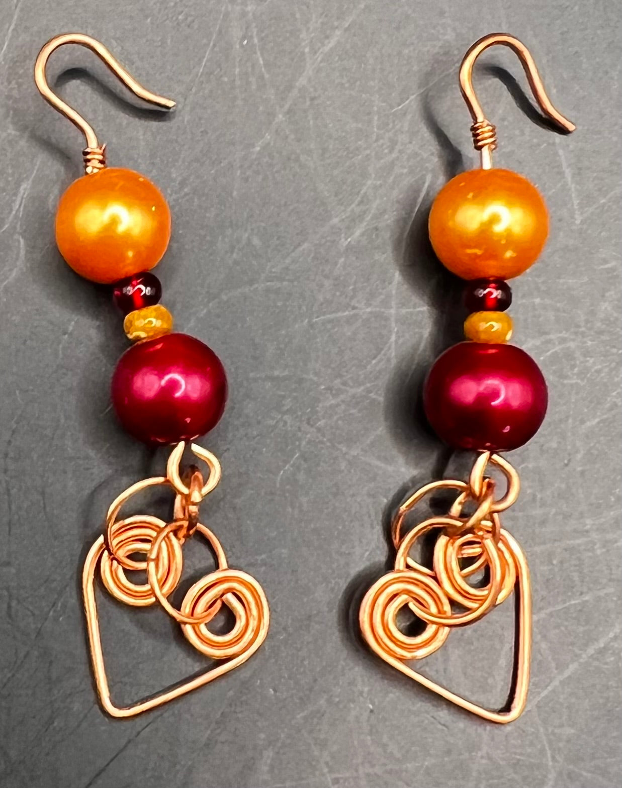 Copper Dangle ASU Maroon & Gold Beads w/ Coiled Hearts