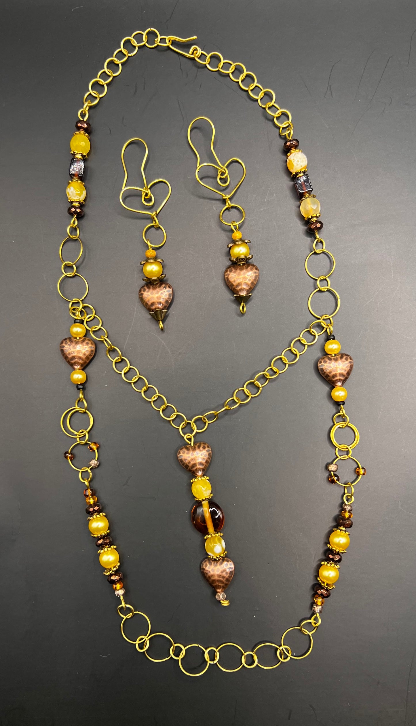 Gold & Copper & Yellow Hearts & Hoops Double Necklace and Earrings