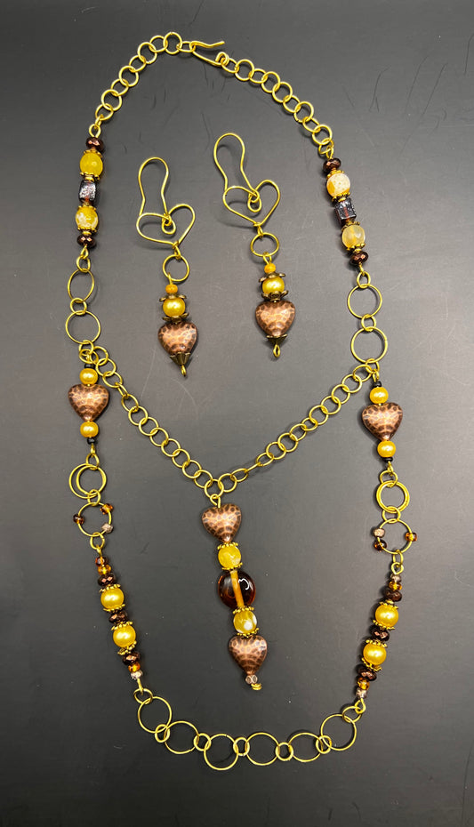 Gold & Copper & Yellow Hearts & Hoops Double Necklace and Earrings