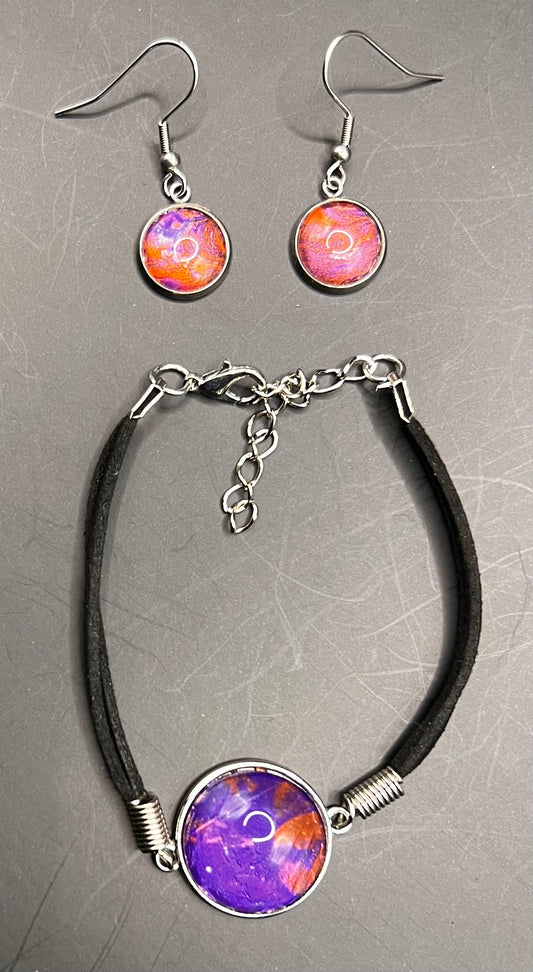 Purple & Orange Round Silver cabochon bracelet & earrings with black chord