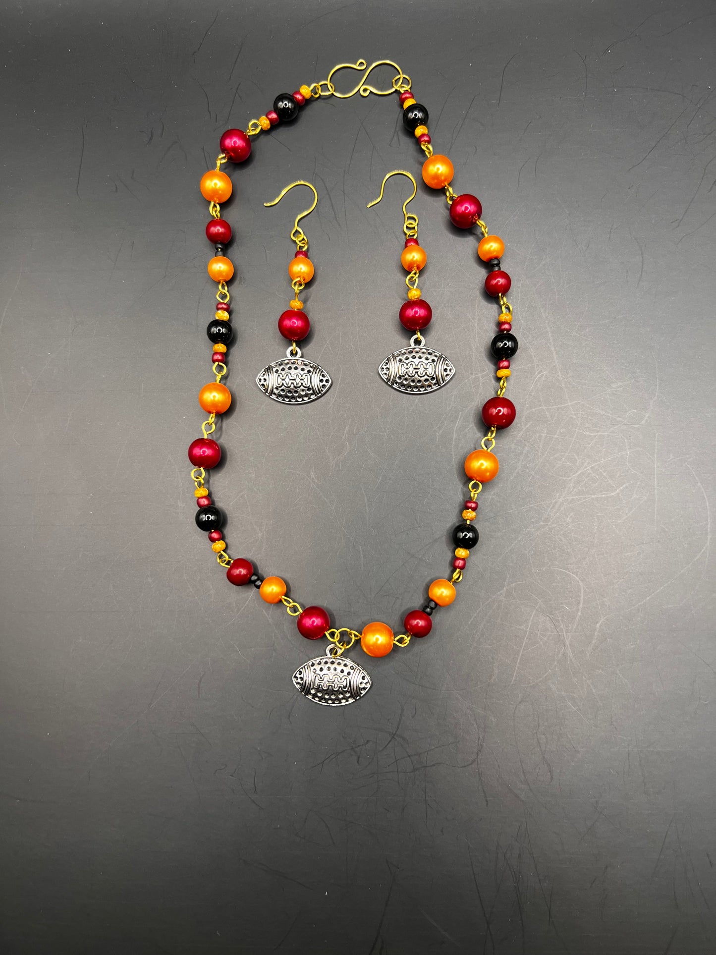 Gold ASU Maroon & Gold & Black Necklace & Earrings with Silver Footballs