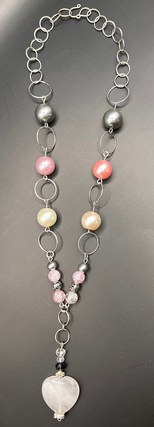 Pink, Silver, & Cream Large Hoops and Beads & Dangle Heart Necklace