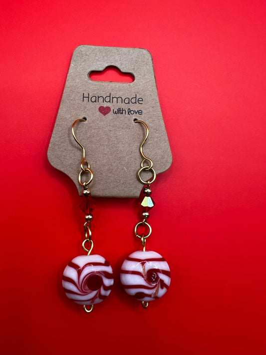 Gold, Dangly Peppermint Candy with Red & Gold Beads