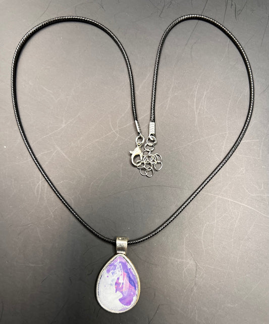 Purple and white teardrop cabochon necklace with black chord