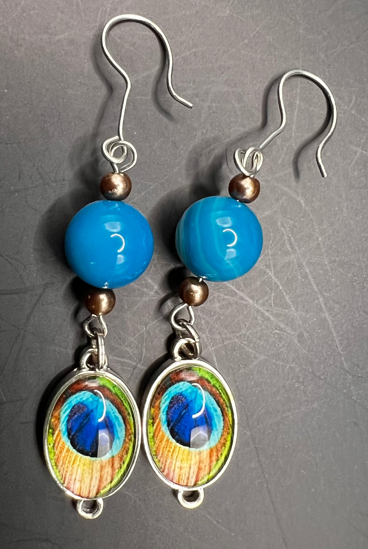 Silver & Teal Dangle Earrings with Peacock Feathers Embellishments