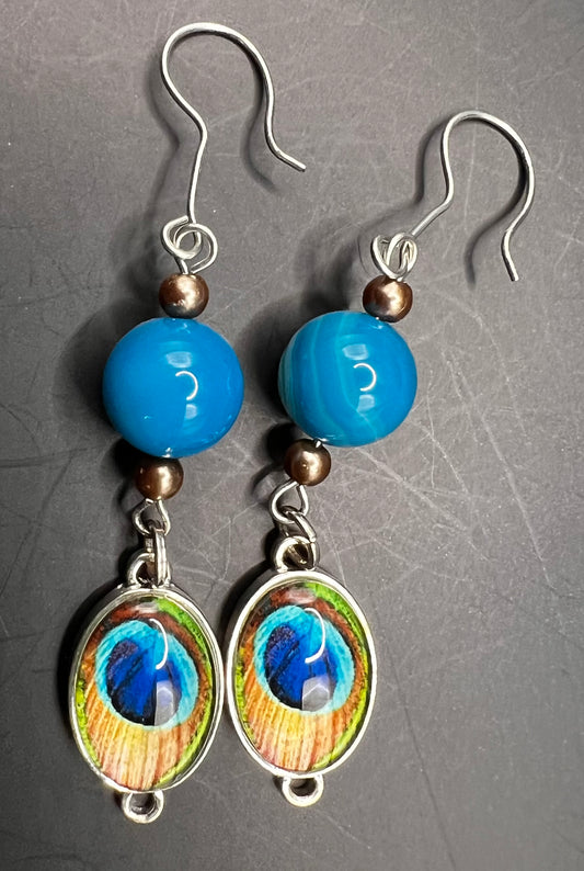 Silver & Teal Dangle Earrings with Peacock Feathers Embellishments