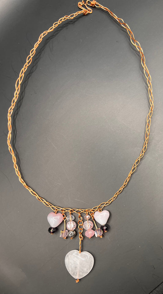 Twisted Copper Necklace with pink hearts and purple, silver and square beads