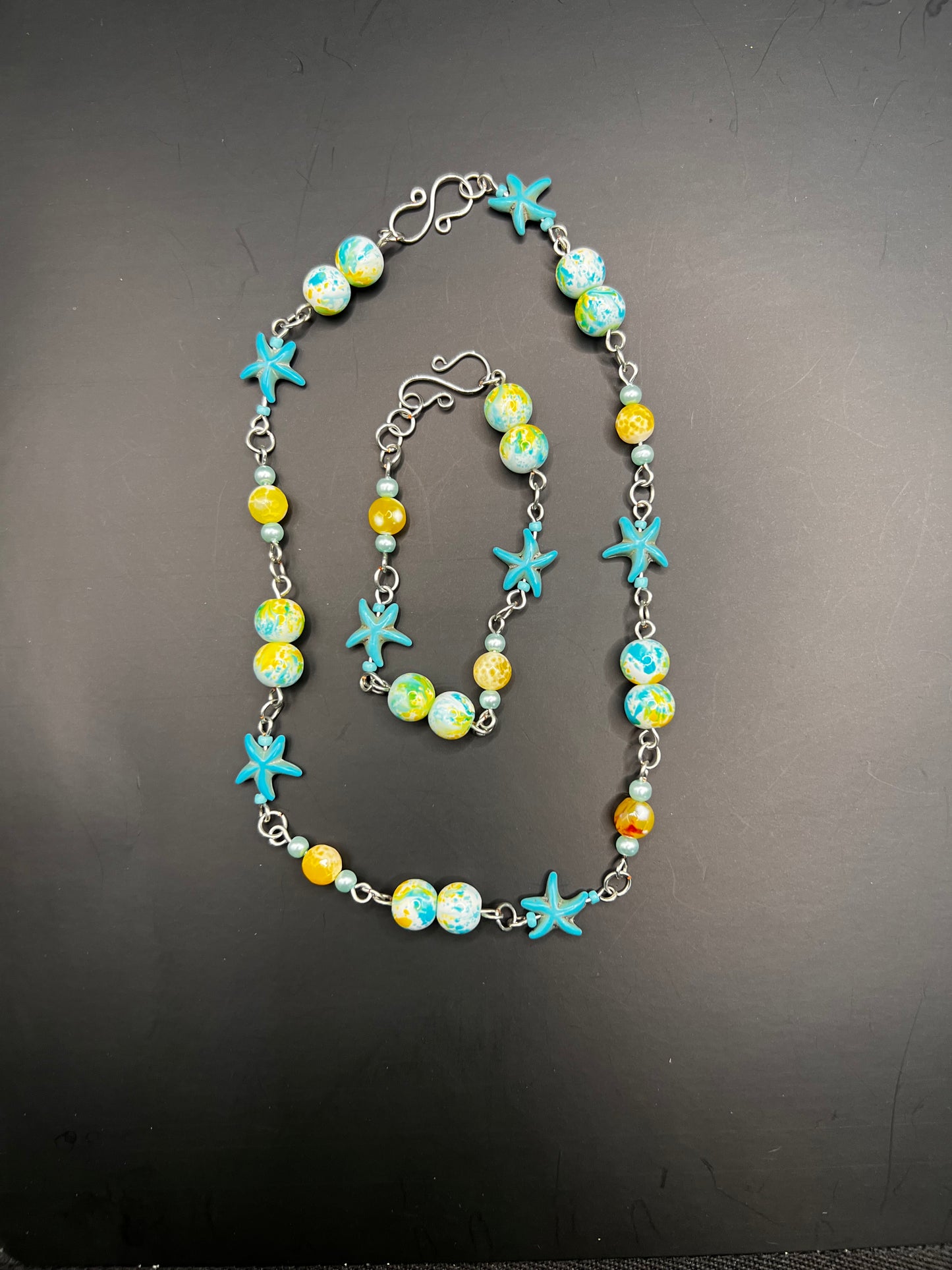 Silver, teal, & yellow starfish necklace and bracelet