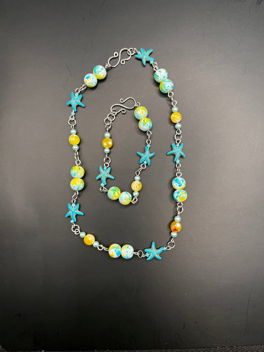 Silver, teal, & yellow starfish necklace and bracelet