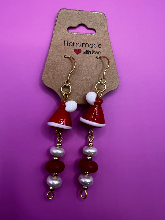 Gold, Glass Santa Hats with Red and White Beads