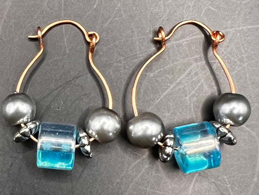 Copper Hoop Earrings with Teal & Silver Beads