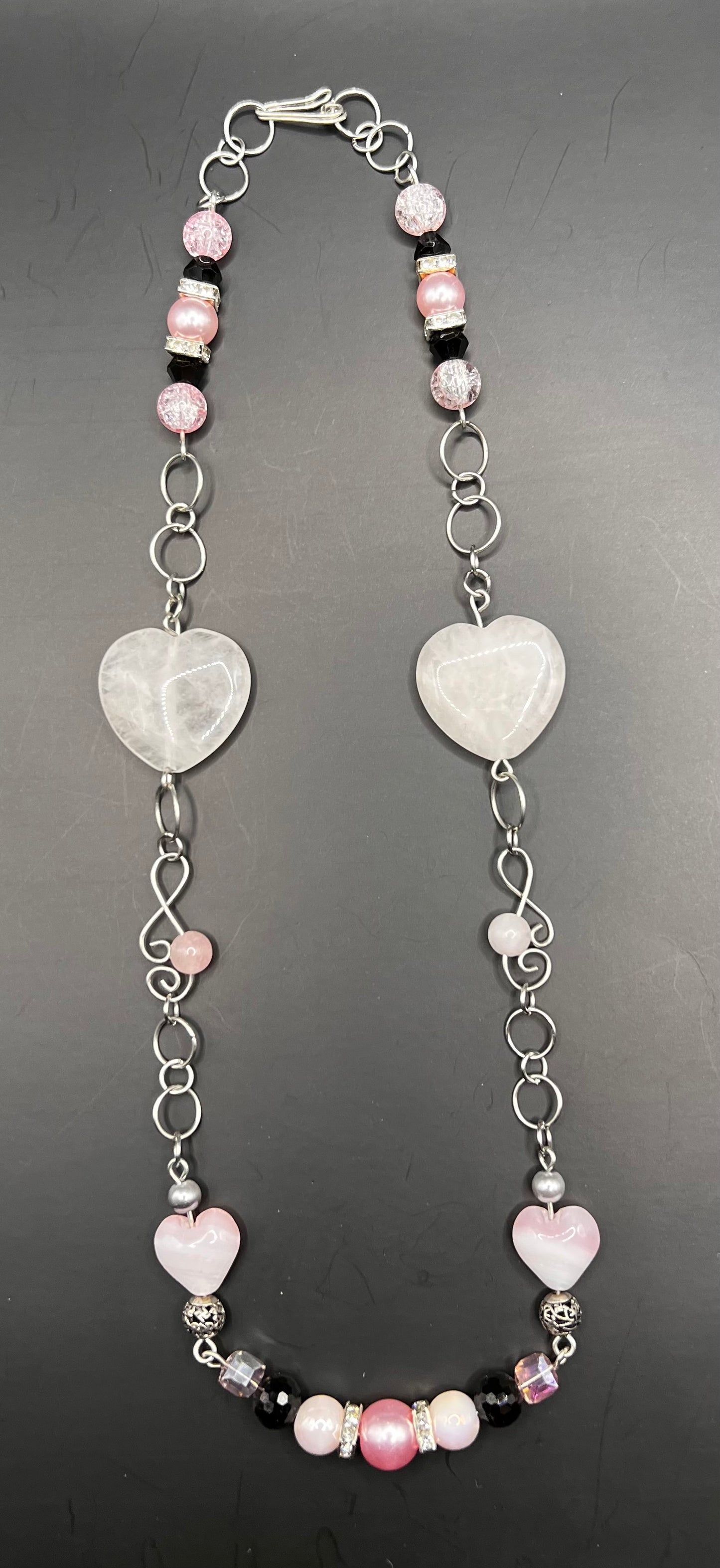 Silver, pink and black Hearts, Hoops & Squares Necklace