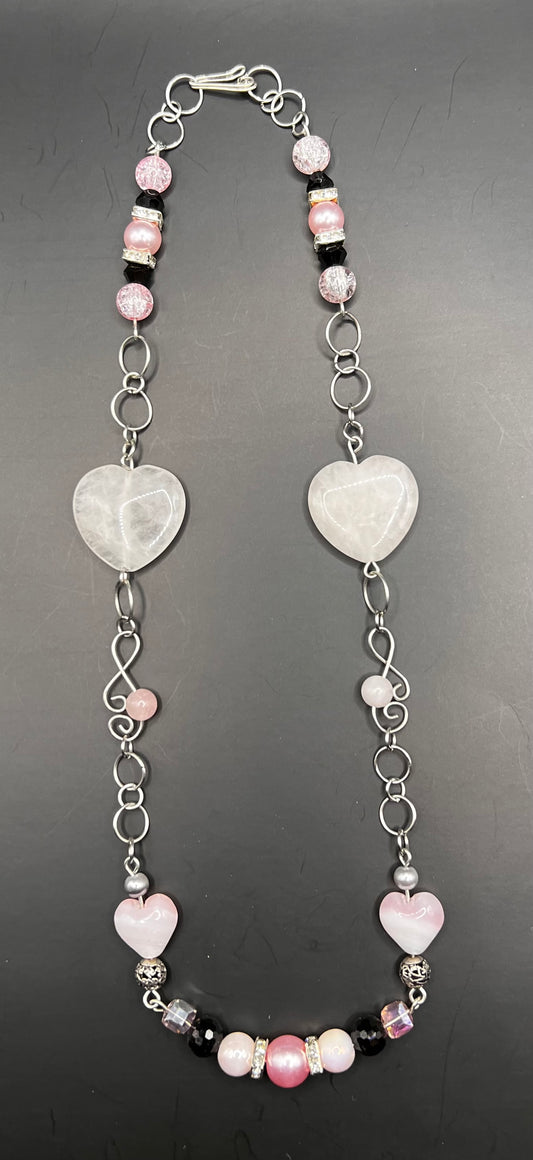 Silver, pink and black Hearts, Hoops & Squares Necklace