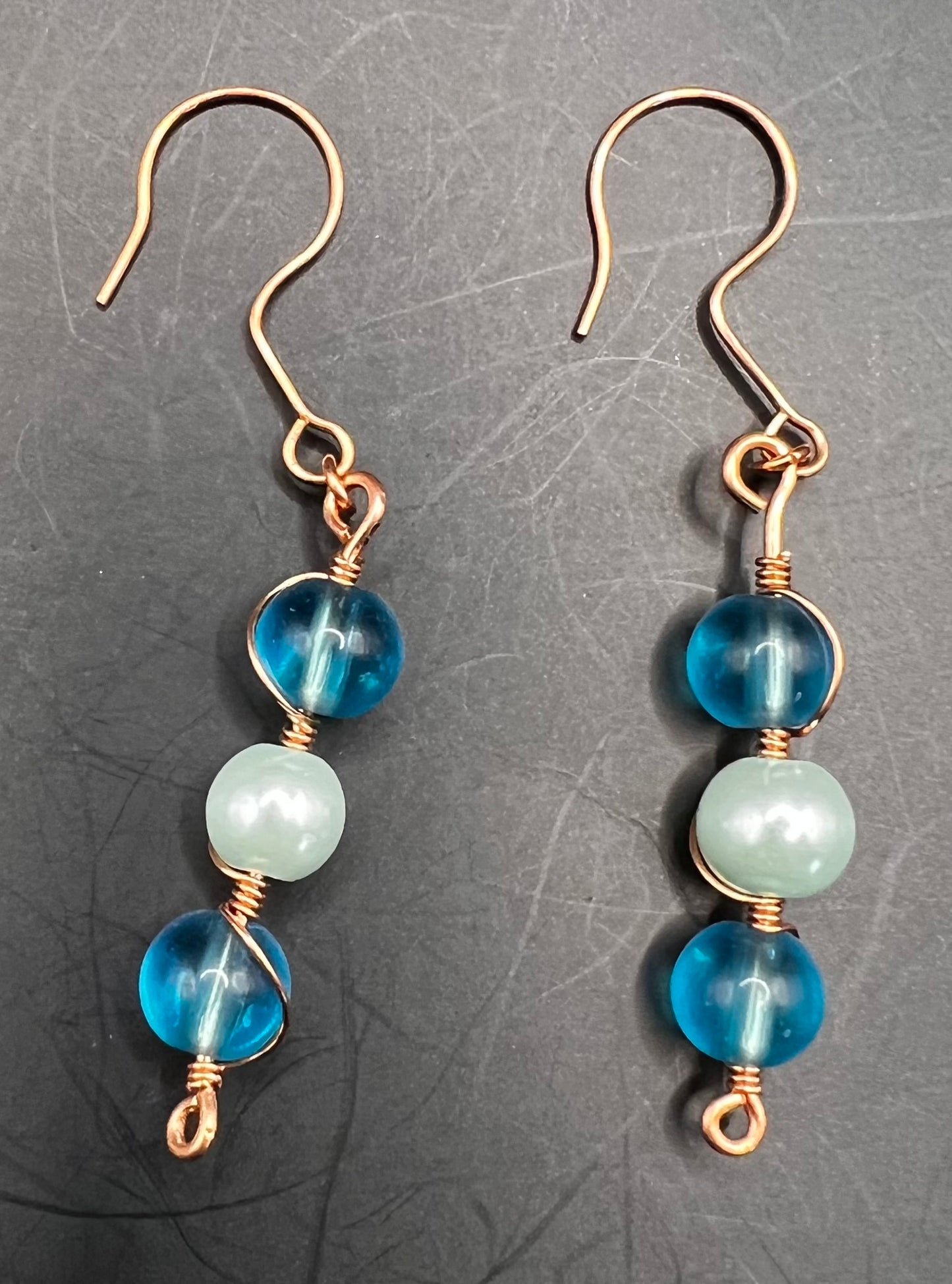 Copper Dangle Teal & Aqua Wrapped Bead Earrings