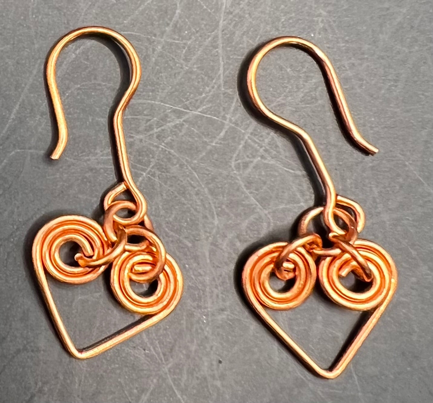 Copper Earrings with Coiled Hearts