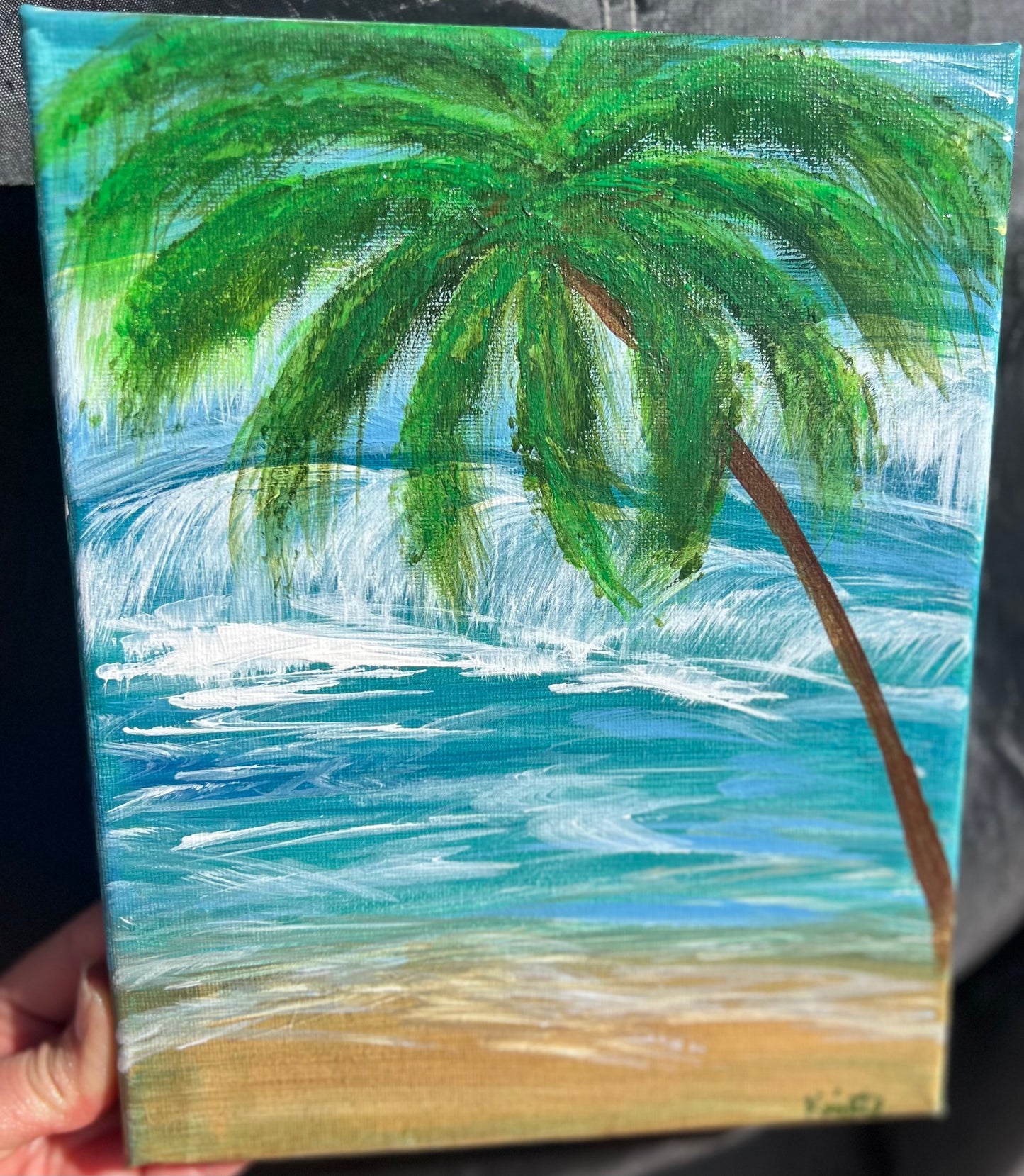 Small beach acrylic painting w/ ocean, sand & palm tree