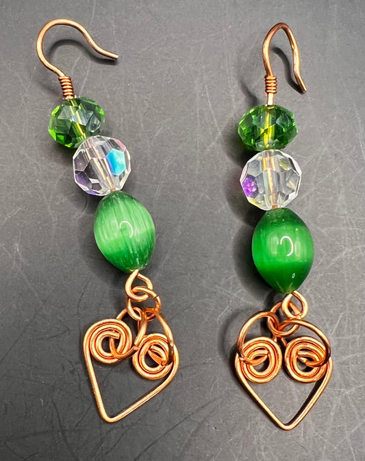 Copper Dangle Earrings with Green & Clear Beads & Coiled Hearts