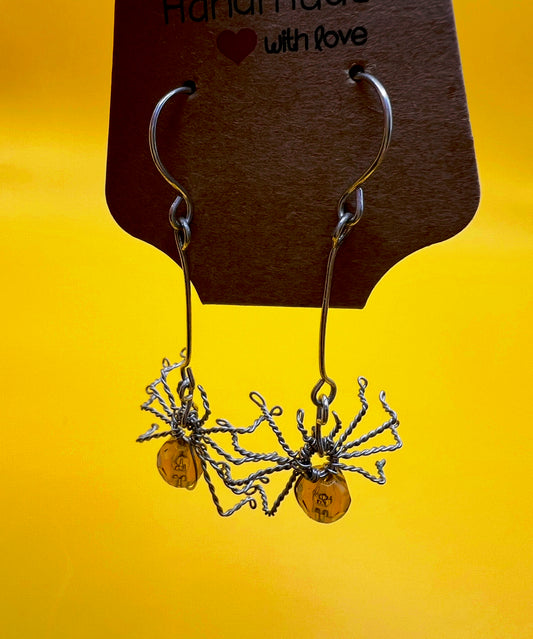 Silver Dangly Handmade Spiders with Amber Belly