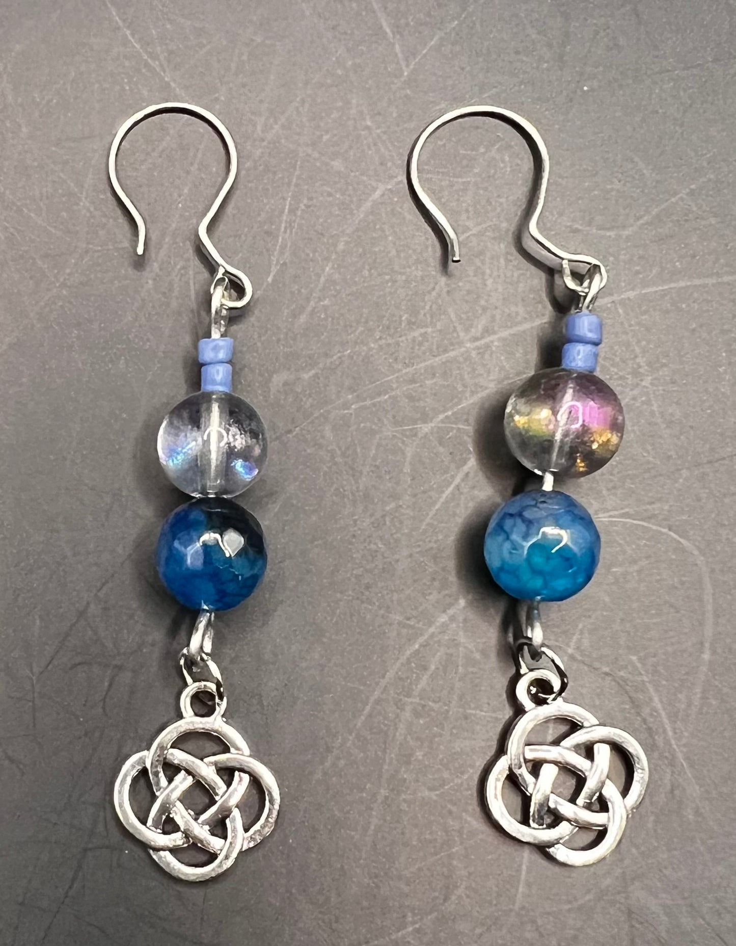 Silver Dangle Earrings w/ Teal & Iridescent beads w/ Celtic Knots