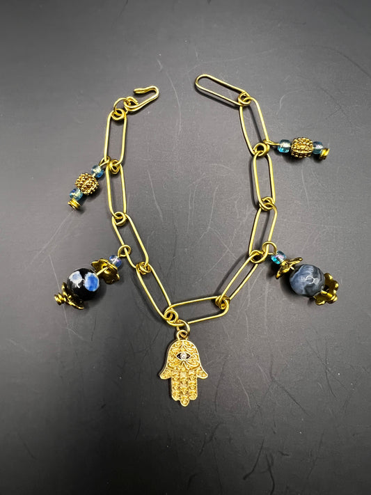 Gold elongated links with blue charms & Hamsa Hand embellishment charm