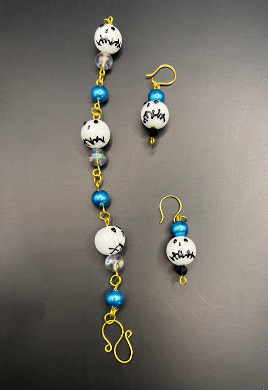 Blue & Gold Nightmare Before Christmas Style Bracelet and Earrings Set