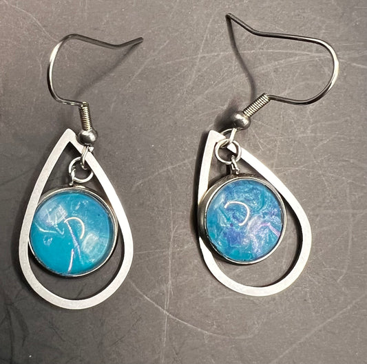 Teal & pink & white teardrop silver cabochon earrings