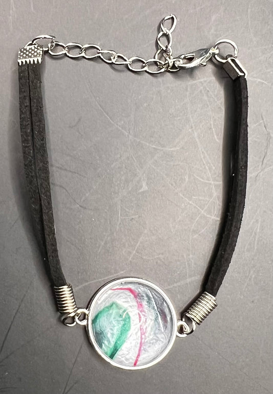 Green, silver, & pink round cabochon bracelet with black chord