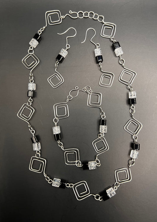 Silver, clear & black handmade square earrings, bracelet and necklace