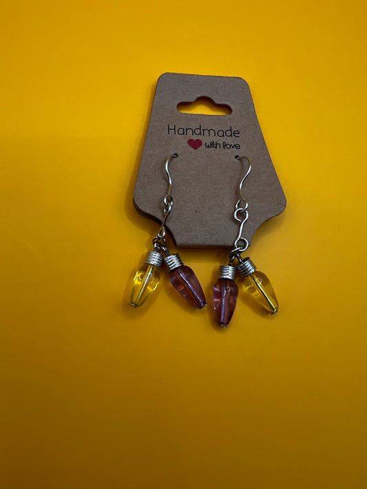 Silver dangly purple and yellow Christmas bulb earrings