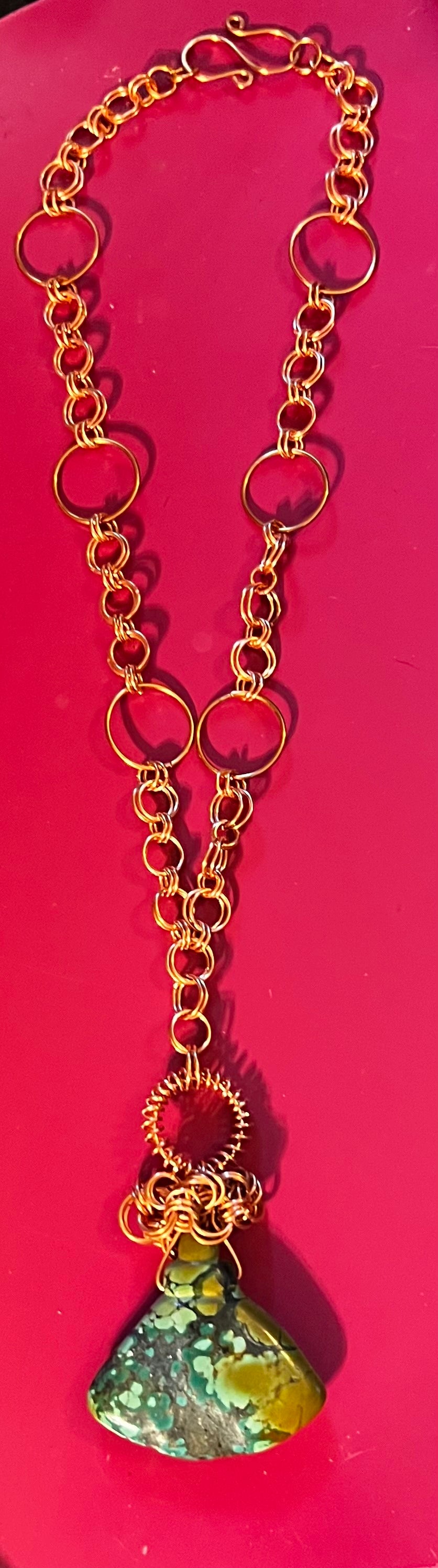Handmade copper chain maille necklace w/ Tibetan turquoise stone