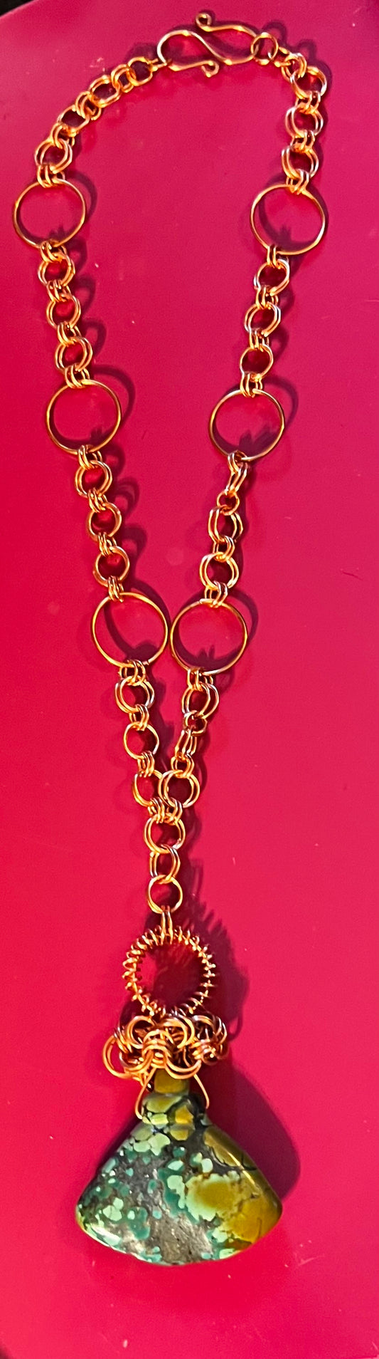 Handmade copper chain maille necklace w/ Tibetan turquoise stone